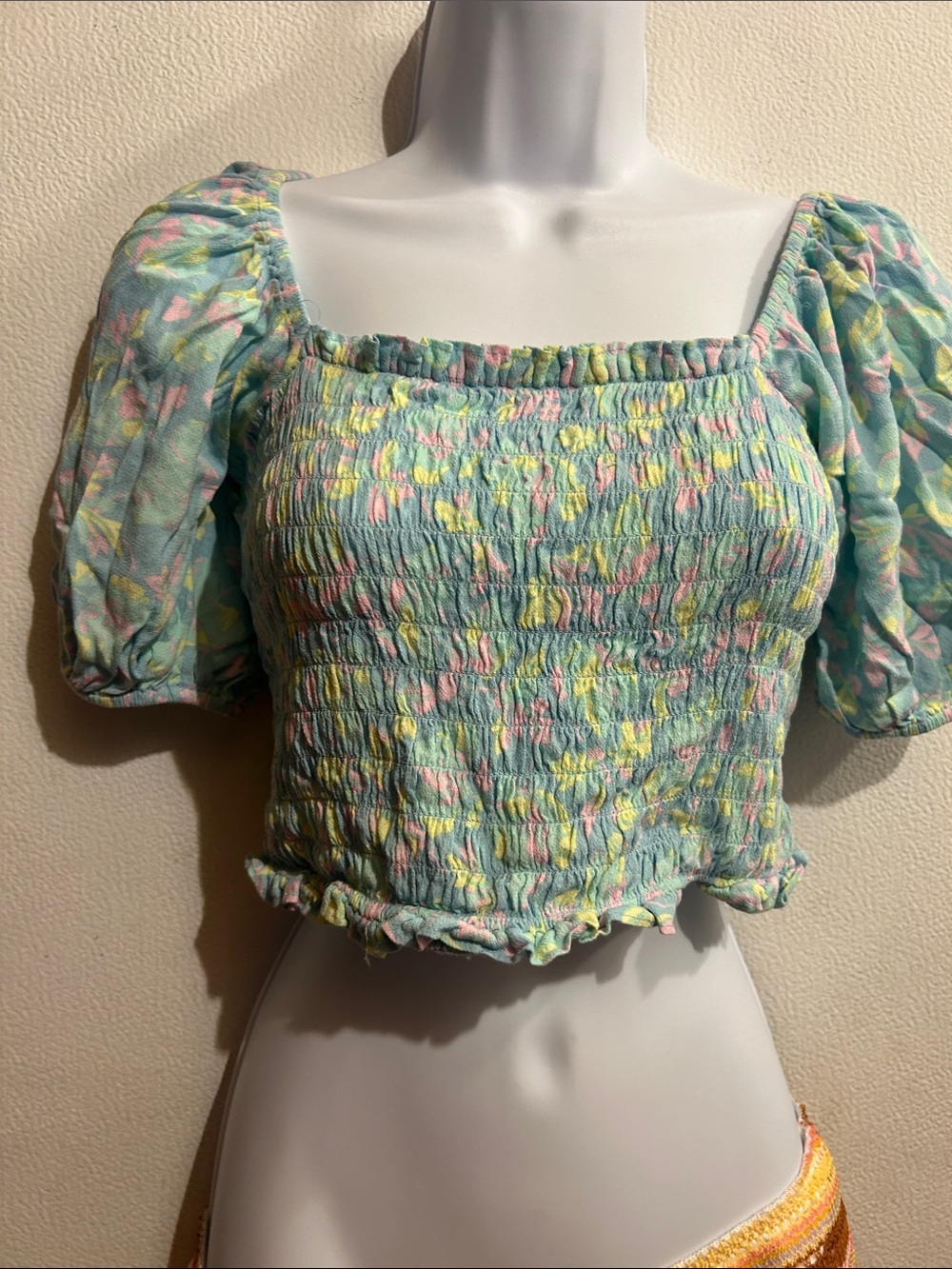 bp Pastel Mint Smocked Square-Neck Crop Top with Puff Sleeves